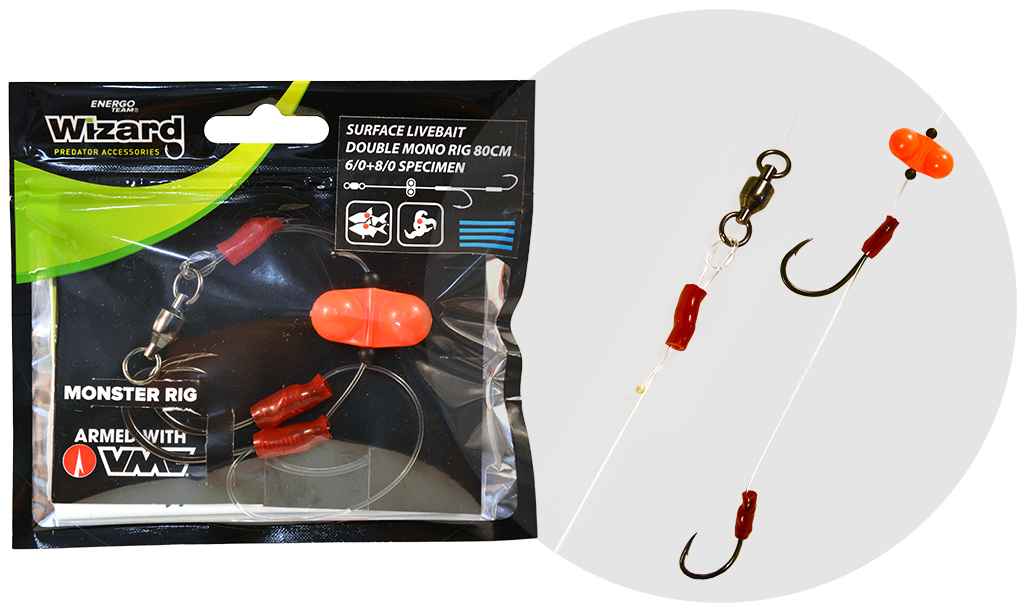 detail Wizard sumcový návazec Monster Surface Livebait Double Mono Rig 80cm