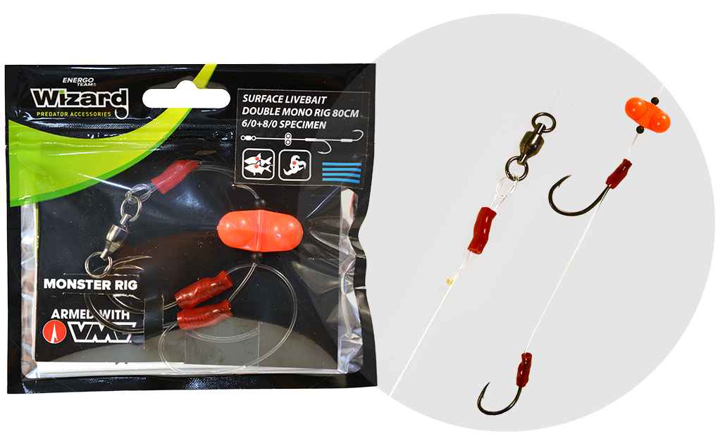 detail Wizard sumcový návazec Monster Surface Livebait Double Mono Rig 80cm