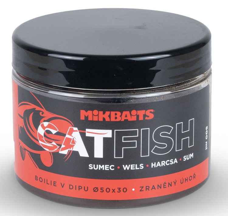 detail Mikbaits Catfish sumec řada boilie v dipu 500ml - 50x30mm