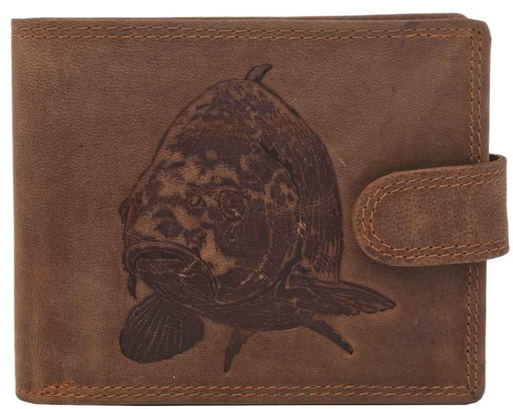 detail MERCUCIO pánská peněženka světlehnědá embos kapr hlava