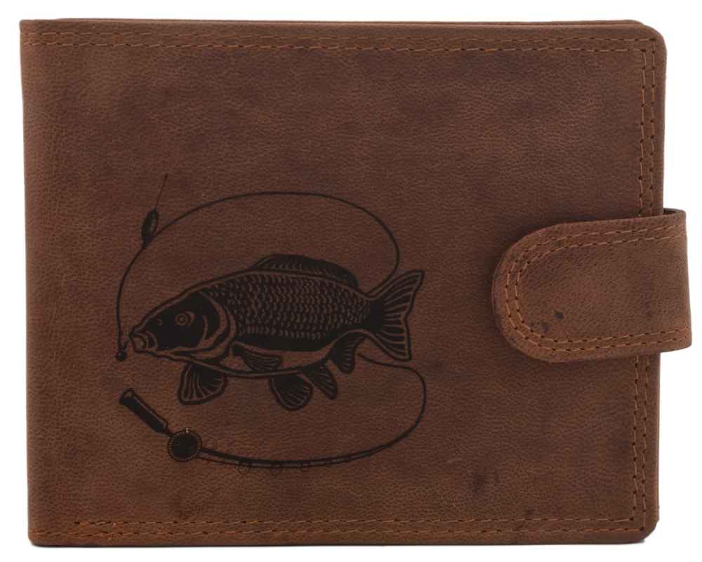 detail MERCUCIO pánská peněženka světlehnědá vzor 46 kapr s prutem